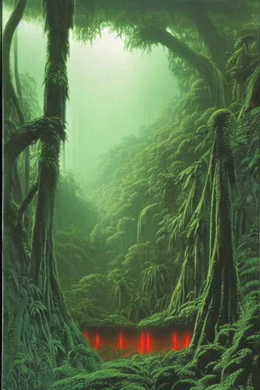 Image similar to emissary green endor jungle ( designated : ix 3 2 4 4 - a ) with small hooded figures with red eyes by arthur haas and bruce pennington and john schoenherr, cinematic matte painting, 8 k, dark color palate