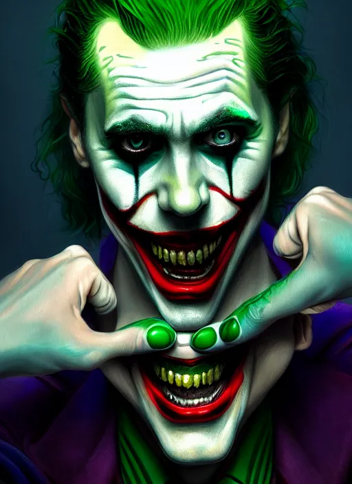 Image similar to portrait of jared leto as the joker, green hair, intricate, elegant, glowing lights, highly detailed, digital painting, artstation, concept art, sharp focus, illustration, art by wlop, mars ravelo and greg rutkowski