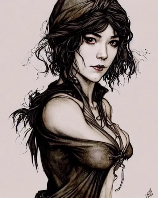 Prompt: style of arthur rackham, artgerm : : gorgeous mary elizabeth winstead : : evil sorceress, swirling black magic, black dress : : symmetrical face, symmetrical eyes : : full body pose : : gorgeous red hair : : cinematic lighting : :