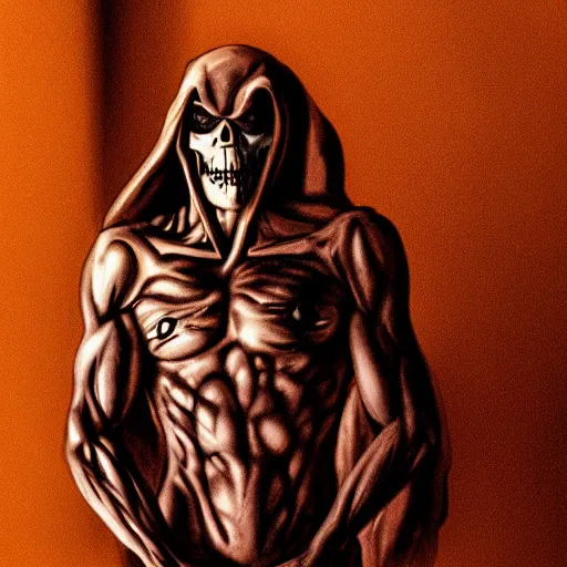 Image similar to skeletor, moody lighting, shallow depth of field,