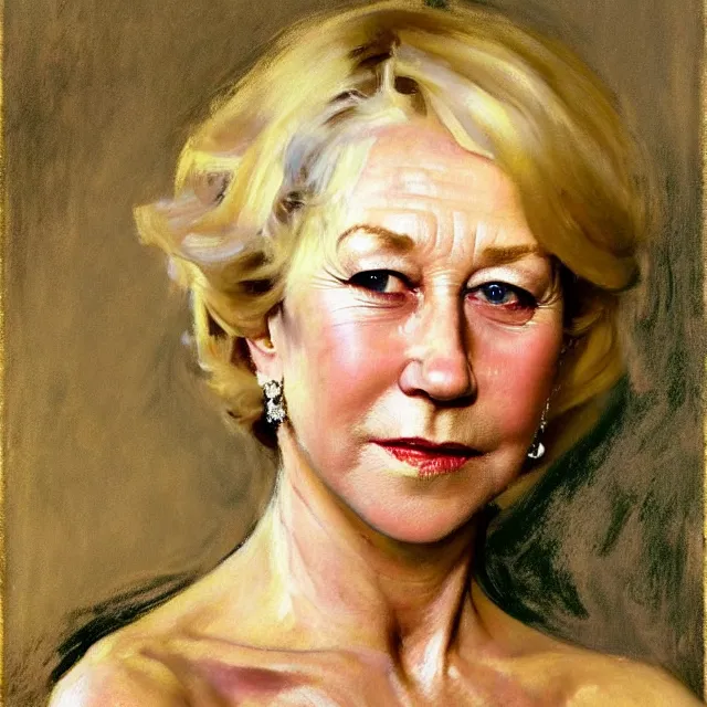 Image similar to a striking portrait of helen mirren by john singer sargent, norman rockwell, and andrew wyeth, strong brushwork, natural light, color palette of pastels and earth tones