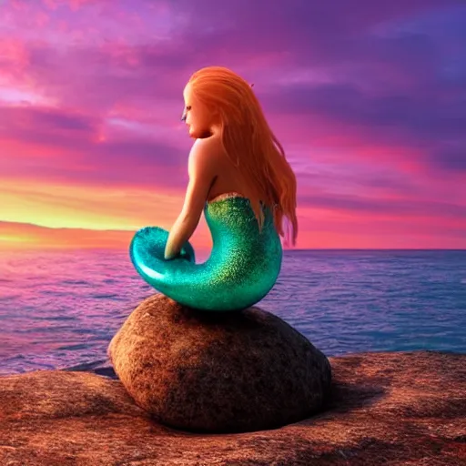 Prompt: a beautiful photo of a mermaid sits on a rock and stares at the island, sunset lighting, hyper realistic, 1 0 5 mm, amazing