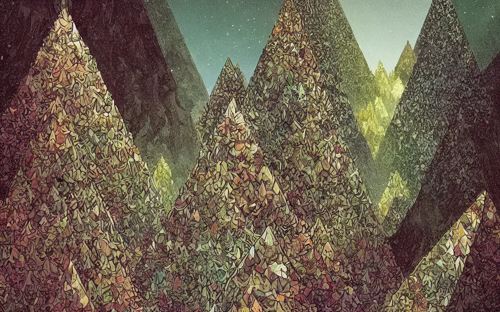 Prompt: triangles and conifer forest. retro art by jean giraud. fibonacci. by brian froud, yoshitaka amano, kim keever, victo ngai