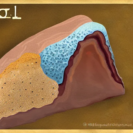 Image similar to a side profile of earth soil and rock layers, with hidden bones, gems and treasures, digital painting