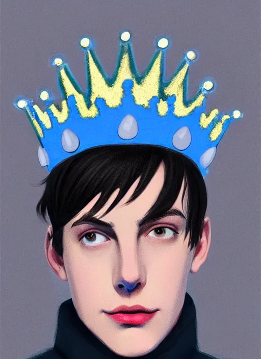 Image similar to portrait of teenage jughead jones wearing a light grey crown, crown, blue turtleneck, 1 9 5 0 s, closed eyes, photorealistic, black hair, glowing lighting, intricate, elegant, glowing lights, highly detailed, digital painting, artstation, concept art, smooth, sharp focus, illustration, art by wlop, mars ravelo and greg rutkowski