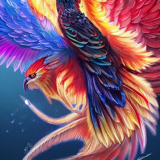 Image similar to cute flying chinese phoenix, sparkling bird eyes, embers in her bird eyes, shining rainbow feathers, sharp features, flowing fiery multicolor feathers, highly detailed, digital painting, artstation, concept art, smooth, sharp focus, beautiful rainbow feathers, expressive eyes, illustration, phoenix art by Artgerm and greg rutkowski