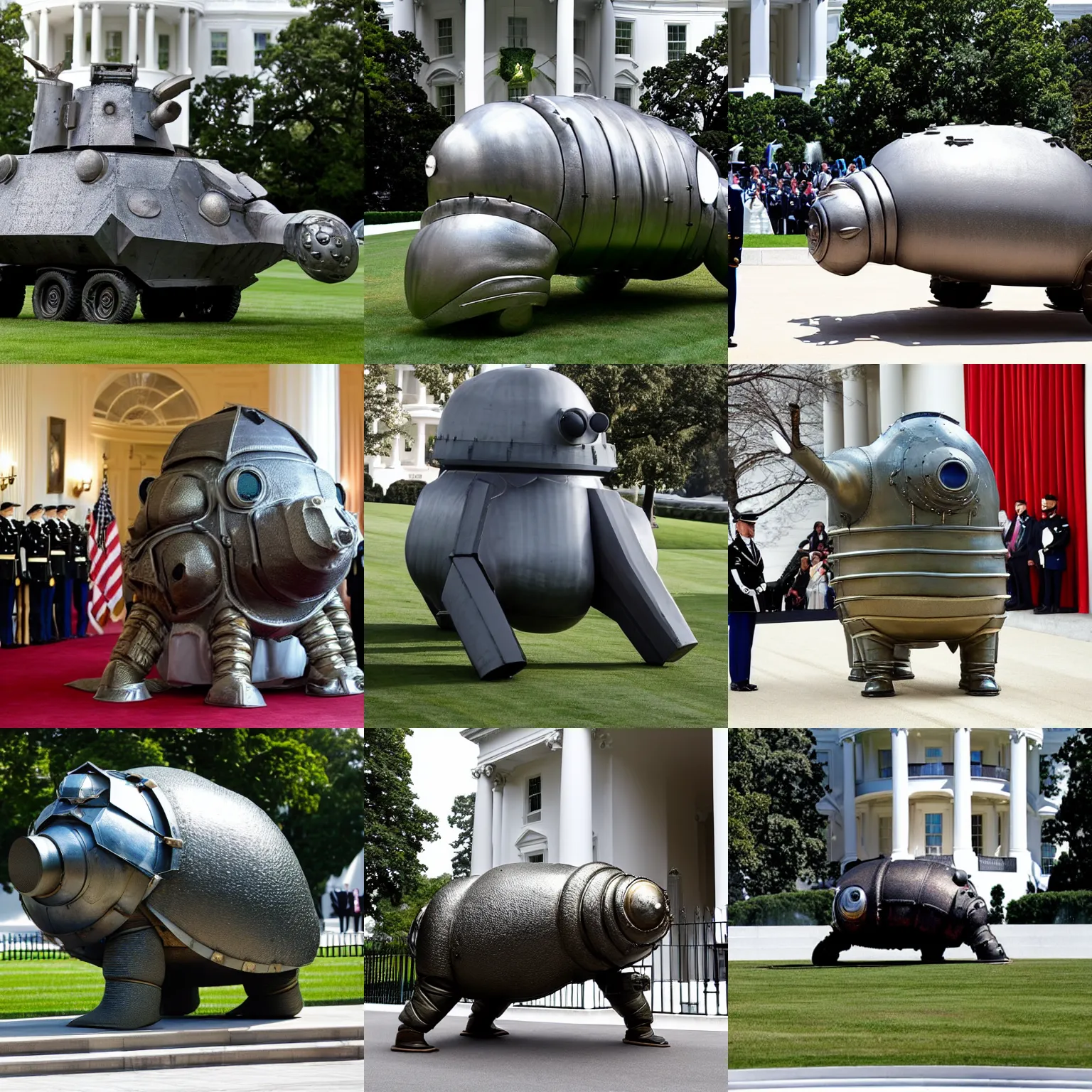 Prompt: giant metal tardigrade as tank, at the white house ceremony