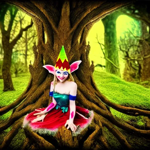 Prompt: a person wearing a jester hat that is a miniature fairy land made of tree limbs and magical tiny teklevisions, film strip theme, soft look, highly detailed, hdr