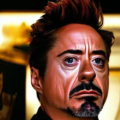 Image similar to robert downey jr with his head in a fish bowl, cinematic still