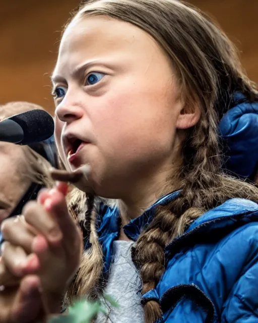 Image similar to film still close - up shot of greta thunberg giving a speech in a train station full of raw meat. photographic, photography