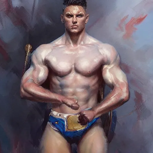 Image similar to young warrior marching toward the viewer, male, muscular, blue eyes!!!!, straight nose!!!, detailed face, exposed thighs!!!, highly detailed, painting by greg rutkowski