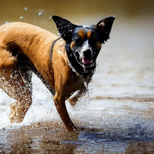 Image similar to Photorealistic photograph of a dog splashing in a puddle, photorealism, photorealistic, realism, real, highly detailed, ultra detailed, detailed, shutter speed 1/1000, 60mm Focal Length, Canon EOS 90D, Optical Camera, Wildlife Photographer of the Year, Pulitzer Prize for Photography, 8k