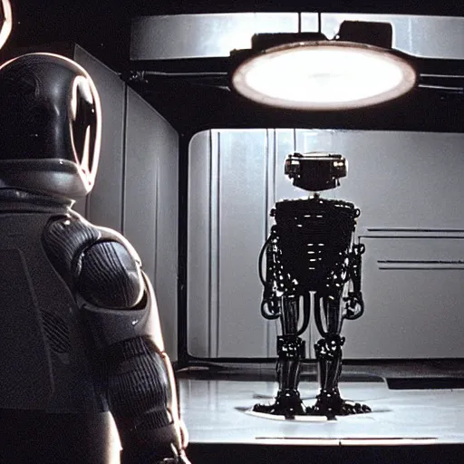 Image similar to movie scene of a man with a robot head, movie still, cinematic composition, cinematic light, criterion collection, reimagined by industrial light and magic, Movie by David Lynch and Ridley Scott