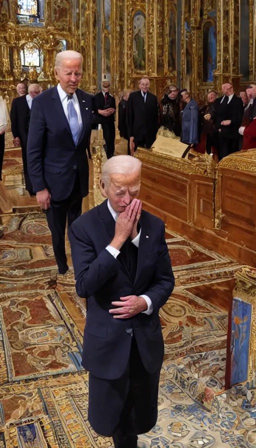 Image similar to crying biden praying in russian church