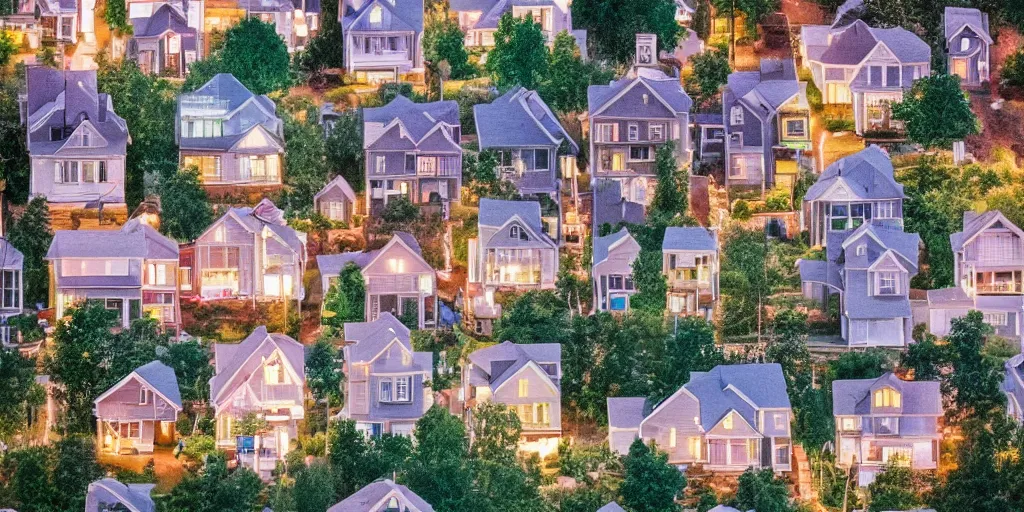 Image similar to small suburban houses in America at night by Wes Anderson, fantasy, imagination, cinematic