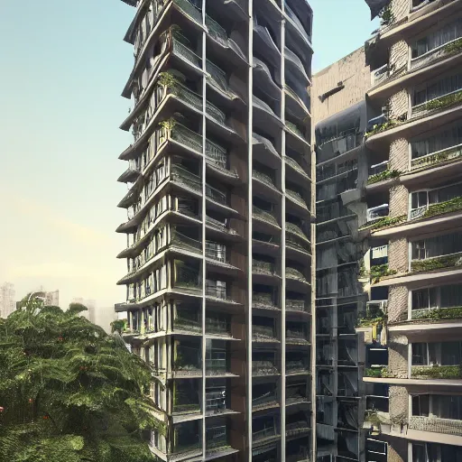 Prompt: multistory building, full of tropical plants overgrowing, glass openings, red mesh in the facede, housing architecture, classical architecture, brutalist architecture, blue hour, archviz, cgi, trending on artstation, architecture visualization, corona renderer, unreal engine, ray tracing, after rain, cinematic, intricate, by greg rutkowski, award winning