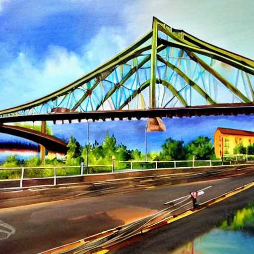 Image similar to chattanooga tennessee pic of walnut street bridge painting in style of herb ryman