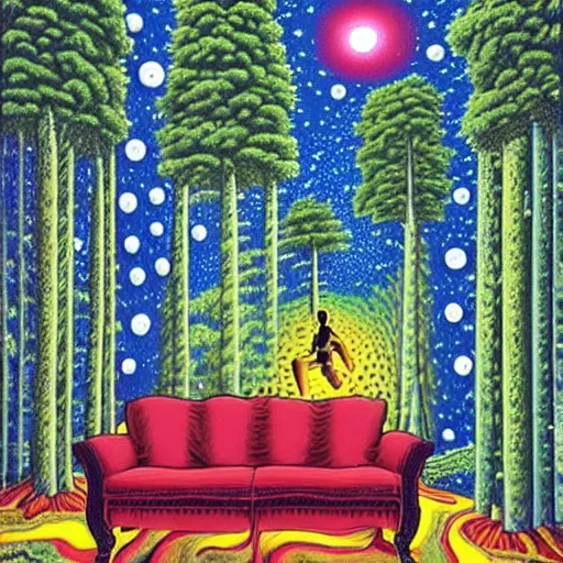 Prompt: psychedelic trippy couch pine forest, planets, flower, milky way, sofa, cartoon by rob gonsalves