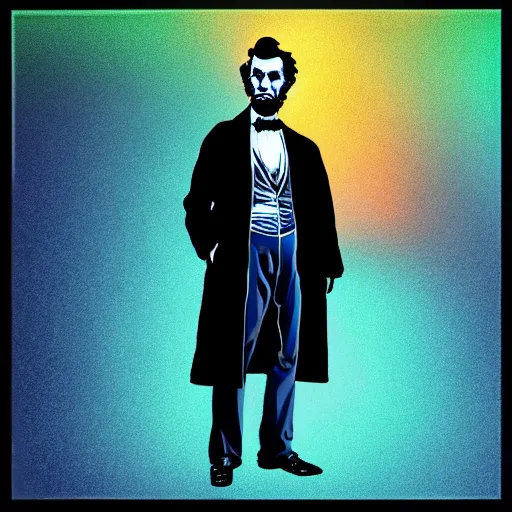 Image similar to vector abe lincoln in hoodie, portrait, vaporwave, synthwave, neon, vector graphics, cinematic, volumetric lighting, f 8 aperture, cinematic eastman 5 3 8 4 film