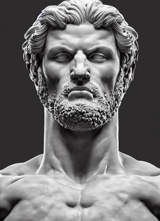 Prompt: a bloody statue made of white marble of hercules, perfect symmetrical body, perfect symmetrical face, hyper realistic, hyper detailed, by johannen voss, by michelangelo, octane render, blender, 8 k, stylized gold and black
