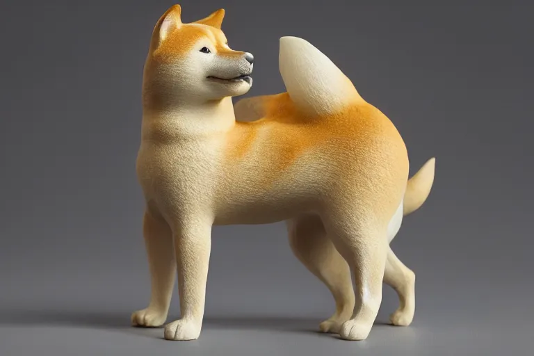 Image similar to a very beautiful intricately shaped organic sculpture carved from steamed buns depicting a shiba inu. studio lighting, high resolution, high quality, dark background