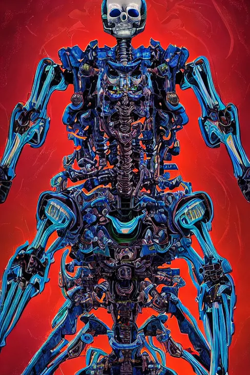 Image similar to comic art of a fluorescent ultra-detailed portrait art of mecha skeleton, by dan mumford and Junji Ito,, zx spectrum color palette, anatomy, only two hands, highly detailed, digital painting, artstation, concept art, smooth, sharp focus, illustration, Unreal Engine 5, 8K, art by art by artgerm and greg rutkowski and edgar maxence