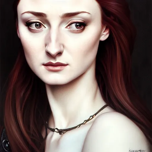 Image similar to portrait of a beautiful sansa stark, pale skin, female with long black hair, dark, piercing eyes, gentle expression, elegant clothing, photorealistic, highly detailed, artstation, smooth, sharp focus, art by michael whelan, artgerm, greg rutkowski and alphonse mucha