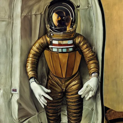 Image similar to high quality high detail painting by lucian freud, hd, woman in sci fi space suit