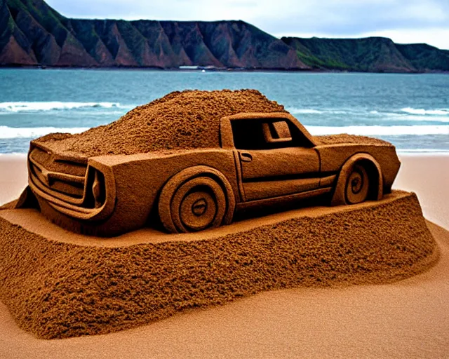 Image similar to sand sculpture of an old mustang car on a black sand beach