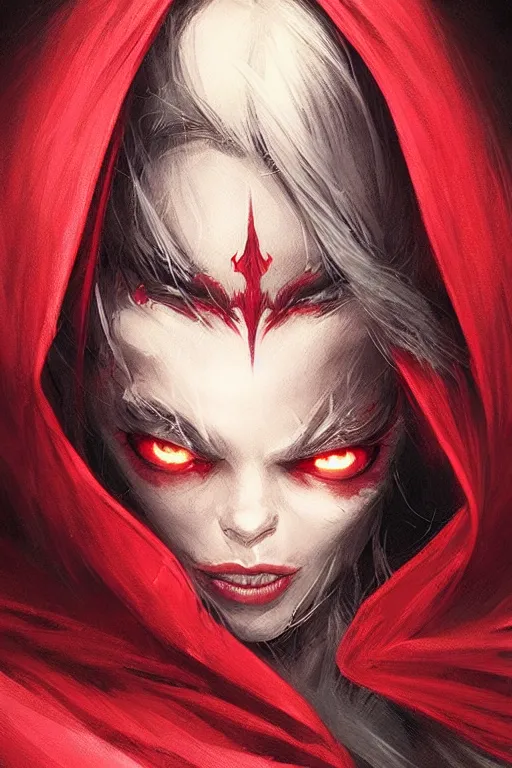 Image similar to powerful witch red riding hood, d & d, fantasy, portrait, highly detailed, headshot, digital painting, trending on artstation, concept art, sharp focus, illustration, art by artgerm and greg rutkowski and magali villeneuve