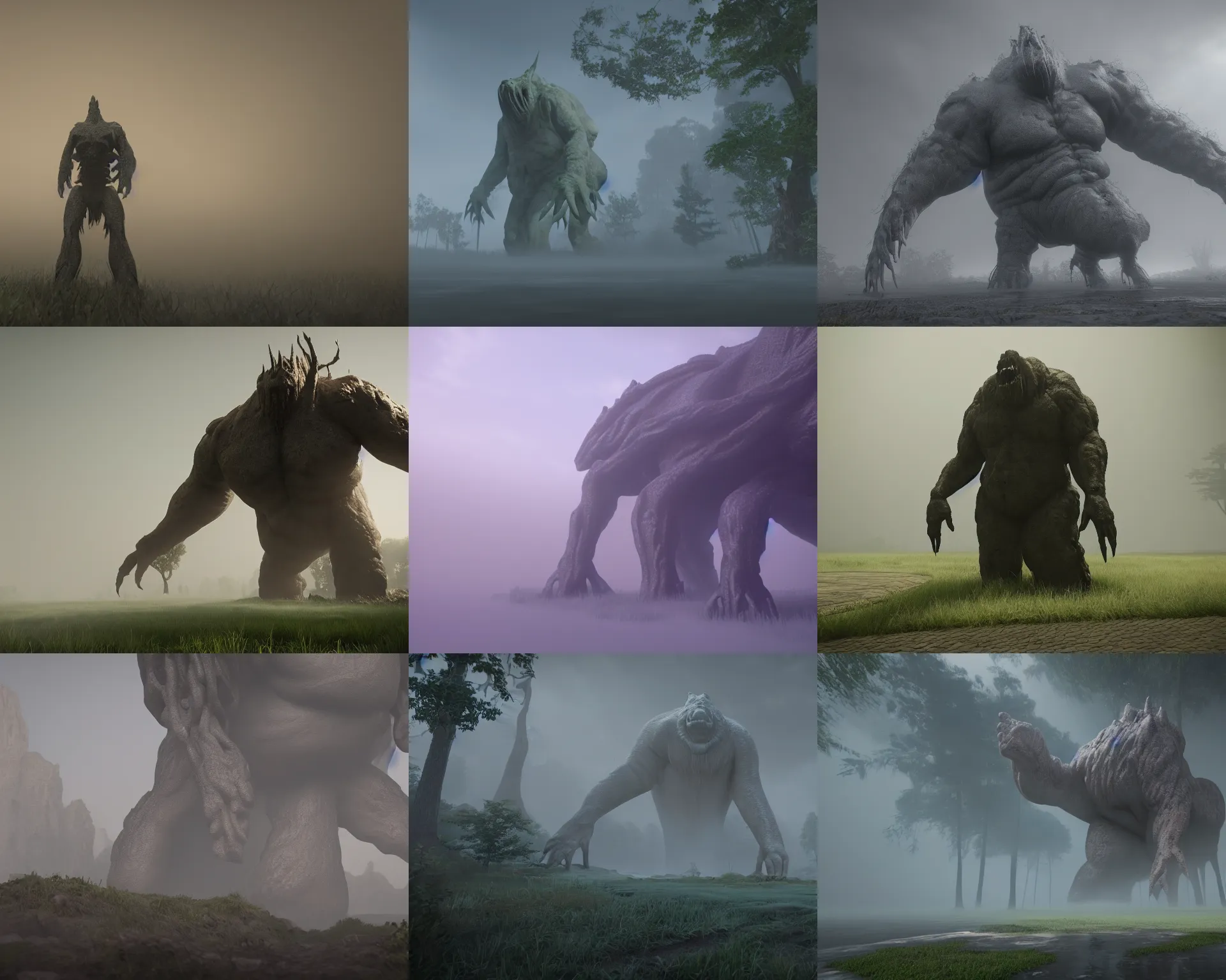 Prompt: subtle mist. gargantuan creature off in the distance rendered in unreal engine 5