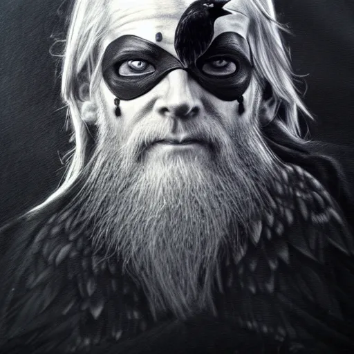 Image similar to Odin with eye-patch, two ravens, charcoal portrait, artstation, fine-detailed