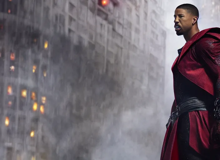 Image similar to film still of michael b jordan as spawn in the new spawn movie, giant chains, large cape, 8 k