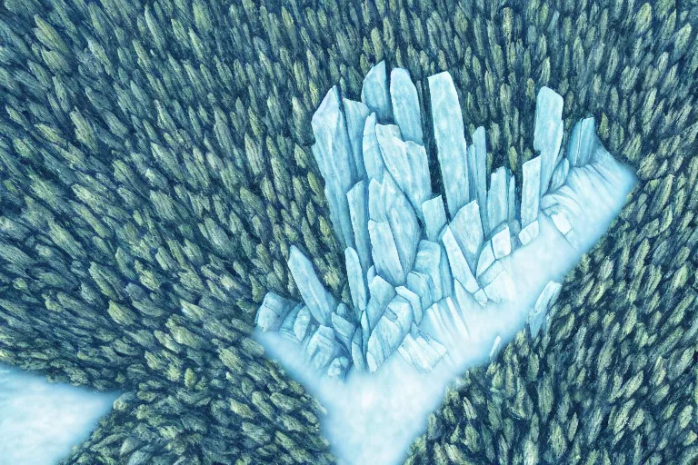 Prompt: areal view of a mile tall ice wall, spanning a continent, dividing a green forest, fantasy, digital art, brilliant, trending on artstation