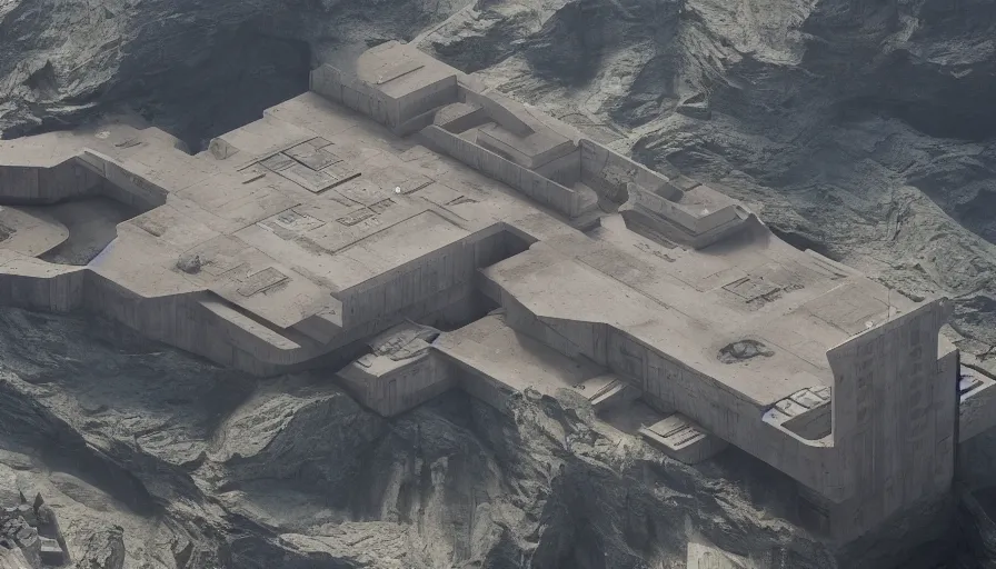 Image similar to big brutalist imperial military base on cliffs, drawing architecture, very long shot, top angle, imperial architecture in rogue one, pritzker architecture prize, brutalism architecture, jan urschel, roger deakins