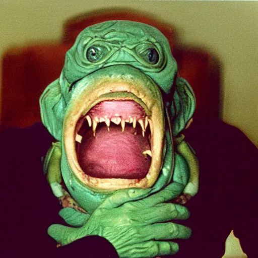Prompt: closeup color 30mm film movie photograph of a 70-year old doctor wearing a surgical mask being smothered by a dangerous shape shifting alien creature, with multiple mutated snarling drooling human faces with a grotesque variety of gorey human and animal limbs protruding from its lower torso 1982