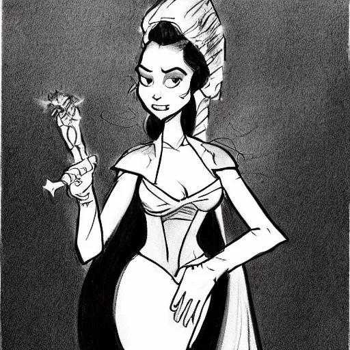 Prompt: milt kahl sketch of vanessa hudgeons with done up hair, tendrils covering face and ponytail as princess padme from star wars episode 3