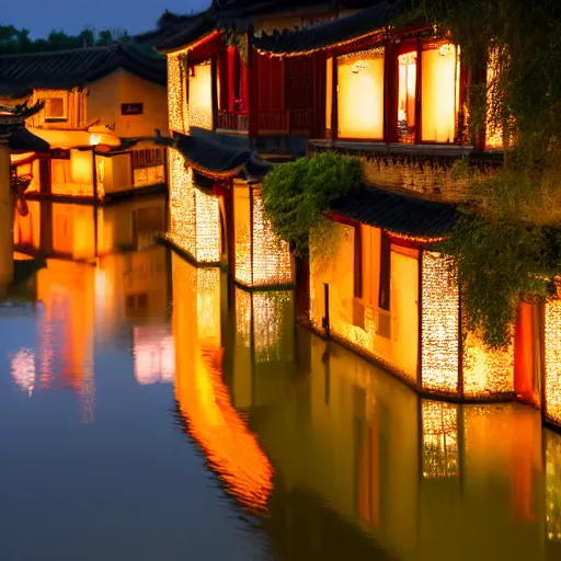 Image similar to beautiful and peaceful ancient water town in the south of china, zhouzhuang ancient town, movie style, warm color to move, boats, evening lanterns, the glow of the sunset on the water, high detailed, 4 k