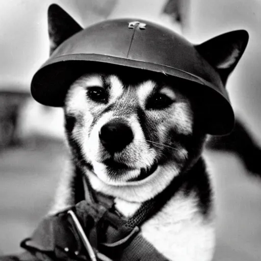 Image similar to close up of a shiba inu wearing soldier helmet in the battle, ww 2 historical photography, black & white photo