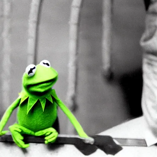 Image similar to Kermit the frog being arrested, AP photo, historical, 1989, behind bars, prison, jail, jailed, jail cell, solitary confinement, criminal, crime