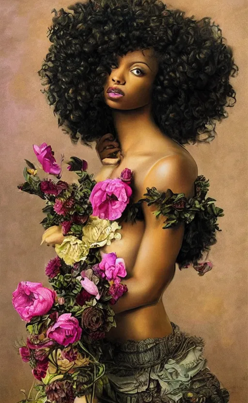 Image similar to surrealism, beautiful black woman with curly hair, holding flowers, hyper realism, muted colours, rococo