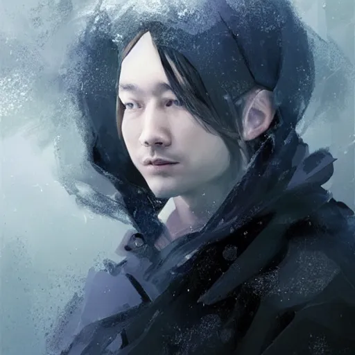 Prompt: A portrait of a young wizard in a dark cloak, he carries a snowglobe with humans trapped inside, emanating dimensional magic, digital art by Ruan Jia, Donglu Yu