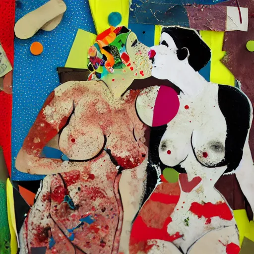 Image similar to two women kissing at a carnival, mixed media collage, retro, paper collage, magazine collage, acrylic paint splatters, bauhaus, abstract claymation, layered paper art, sapphic visual poetry expressing the utmost of desires by jackson pollock