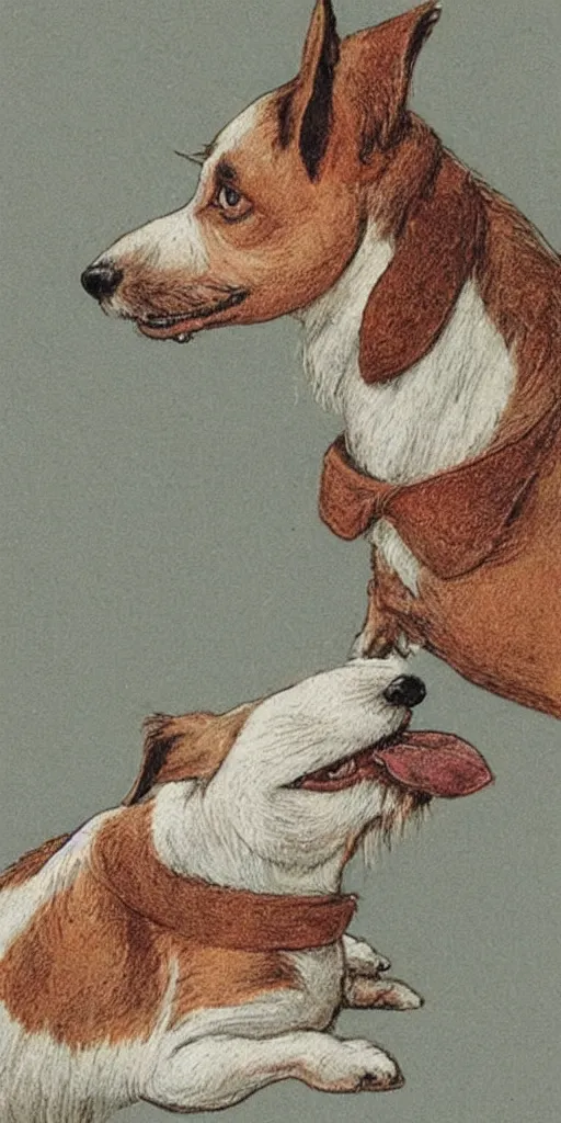 Prompt: jack russel dog, highly detailed, side view, howling!!!, illustrated by peggy fortnum and beatrix potter and sir john tenniel