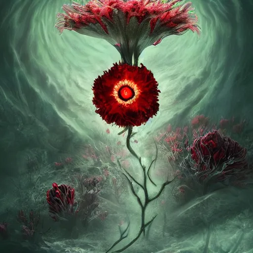 Image similar to a beautiful but creepy and haunting looking flower with a glowing red center, growing deep under the sea. Digital art, oil painting, insanely detailed and intricate, beautiful, haunting, trending on artstation, 8k hd