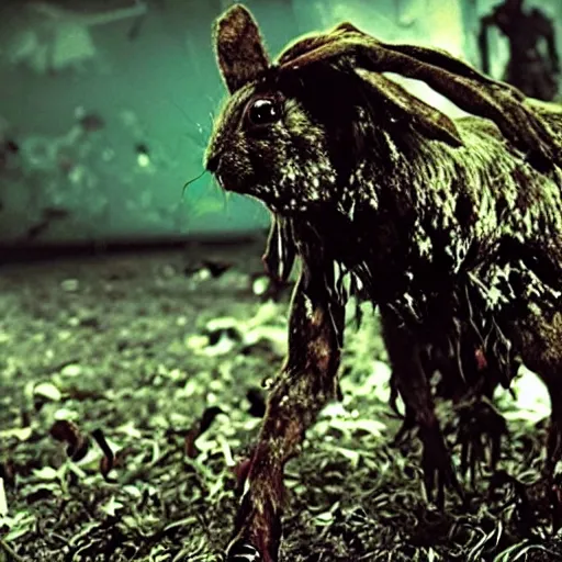 Image similar to a dark army decaying zombie rabbits infected with the T-virus, film still