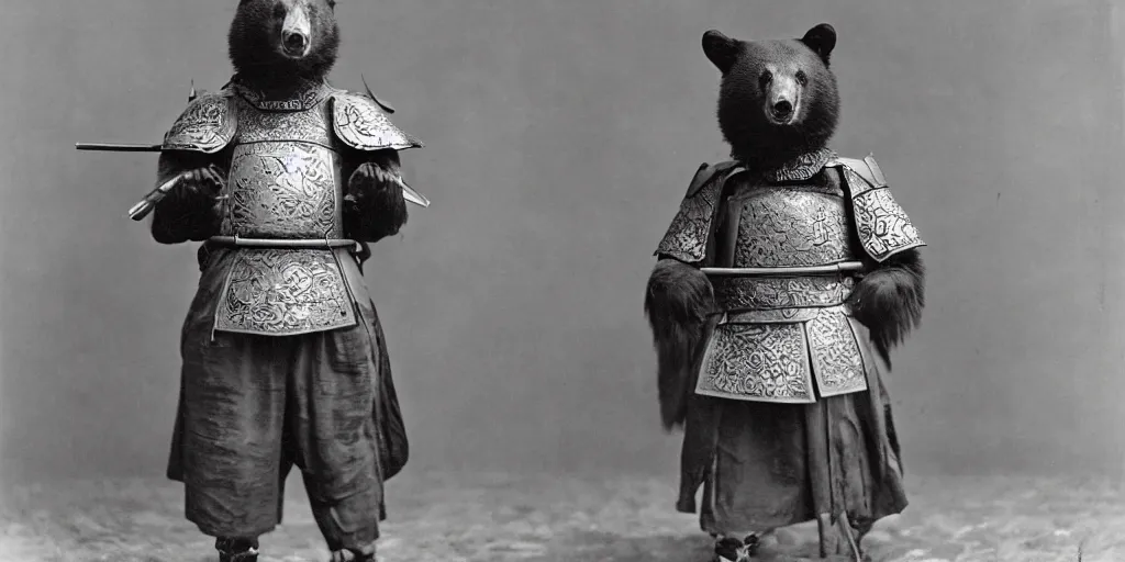 Image similar to anthropomorphic asian black bear in full samurai armor, 1900s photo