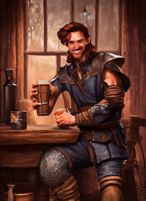 Image similar to An epic fantasy comic book style portrait painting of a handsome young man with brown wavey hair, wearing thief clothing in a tavern and smiling with a wooden tankard in hand, unreal 5, DAZ, hyperrealistic, octane render, cosplay, RPG portrait, dynamic lighting