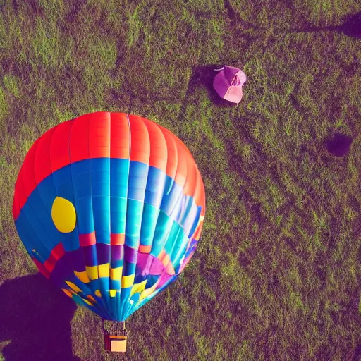 Image similar to smiling hippy squints into the sunlight horizon, hot air balloon ride, flying camp, camp gear, hippy belongings, a old guitar, cozy place, flying high, aerial view, gradient aperture
