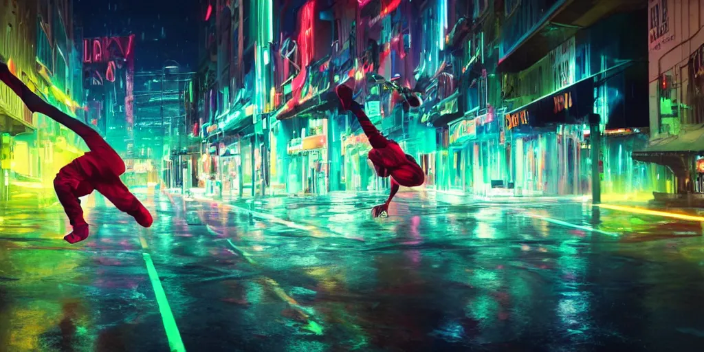 Image similar to cinematic camera wide angle of slow motion film still of futuristic break dancer wearing neon lights, long exposure shot , at night in the middle of a rainy street, paddle of water, water splashes, rim lights, glossy reflections, water droplets on lens, octane render, detailed and soft, by jimbo phillips santa cruz